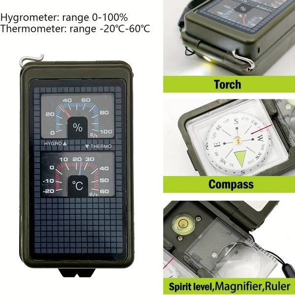 Ultimate Survival Compass with 10 Functions - Humidity Meter, Thermometer, Whistle, LED Flashlight, Igniter, Level Gauge - Perfect for Hiking, Camping, and Outdoor Adventures