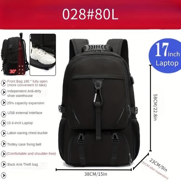 50/80L Travel Backpack With Shoe Compartment, Waterproof Sports Bagpack, Fits For 17-Inch Laptop