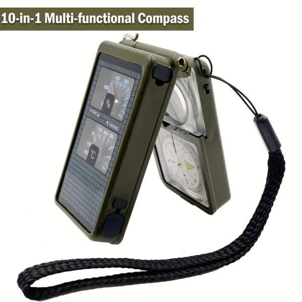 Ultimate Survival Compass with 10 Functions - Humidity Meter, Thermometer, Whistle, LED Flashlight, Igniter, Level Gauge - Perfect for Hiking, Camping, and Outdoor Adventures