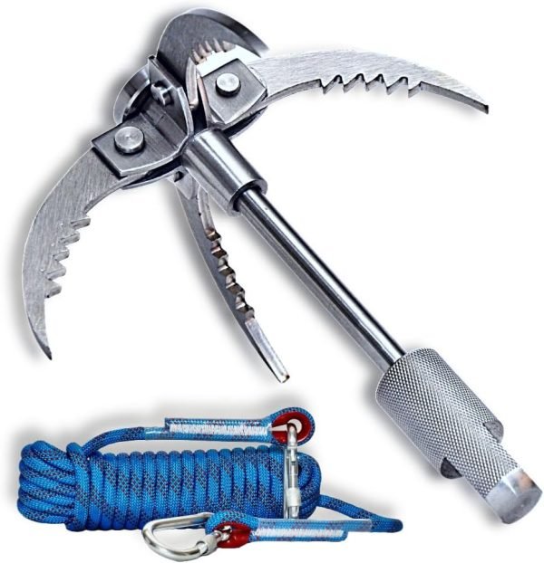 Grappling Hook with Rope 32ft. Set. 4-Claw Folding Durable Stainless Steel Compact Perfect for Outdoor Survival, Retrieval, Camping, Hiking, Tree Mountain, and Climbing