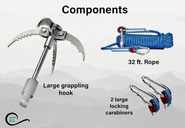 Grappling Hook with Rope 32ft. Set. 4-Claw Folding Durable Stainless Steel Compact Perfect for Outdoor Survival, Retrieval, Camping, Hiking, Tree Mountain, and Climbing